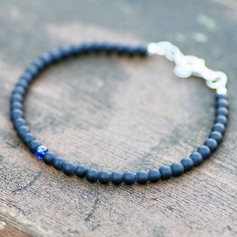New Natural Black Agate, Blue Sapphire Bracelet Handmade Sterling Silver , 8.3"